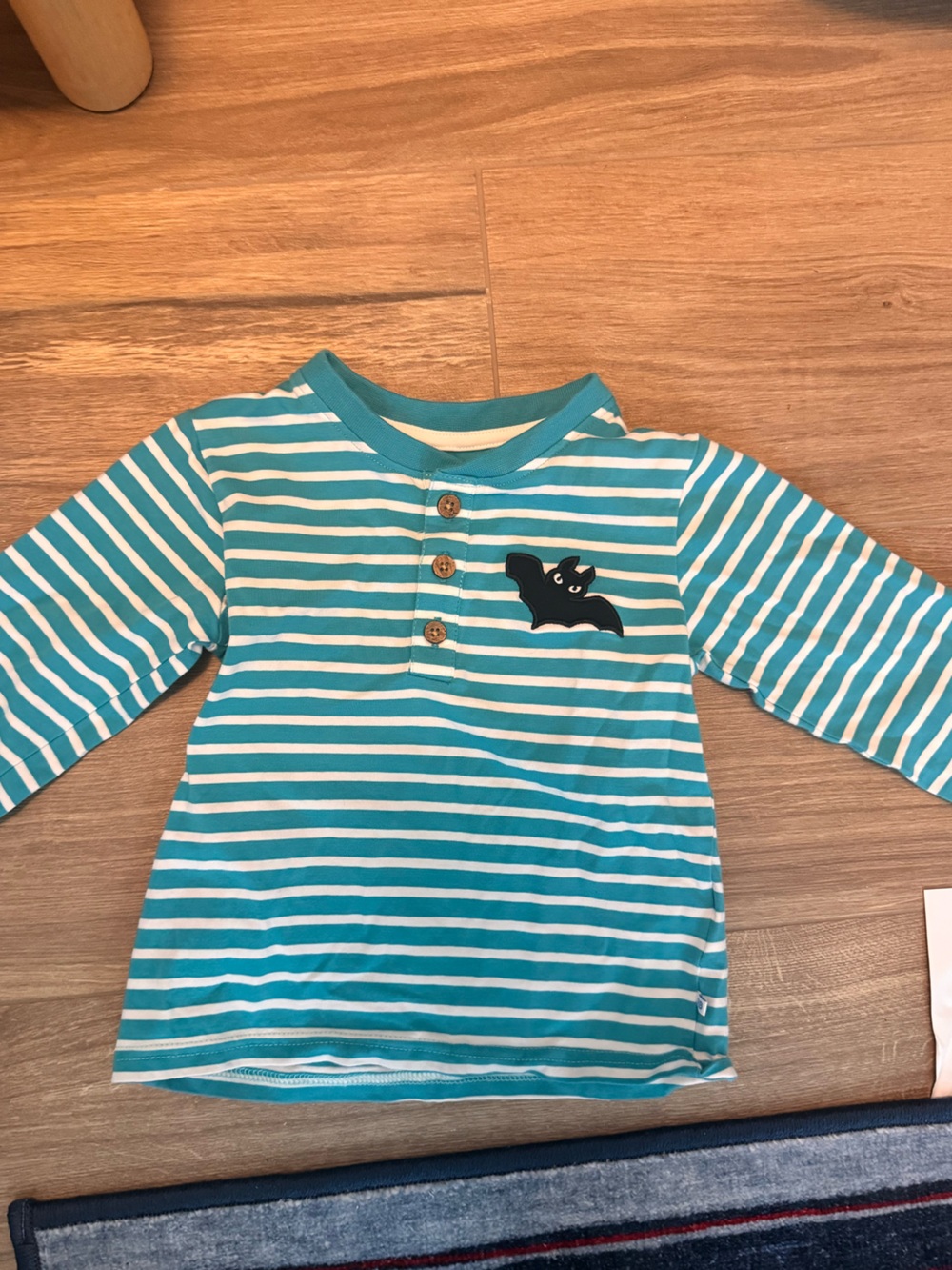 RUFFLEBUTTS NEW Kids Striped Long-Sleeve Tee in Teal and White with Bat Applique